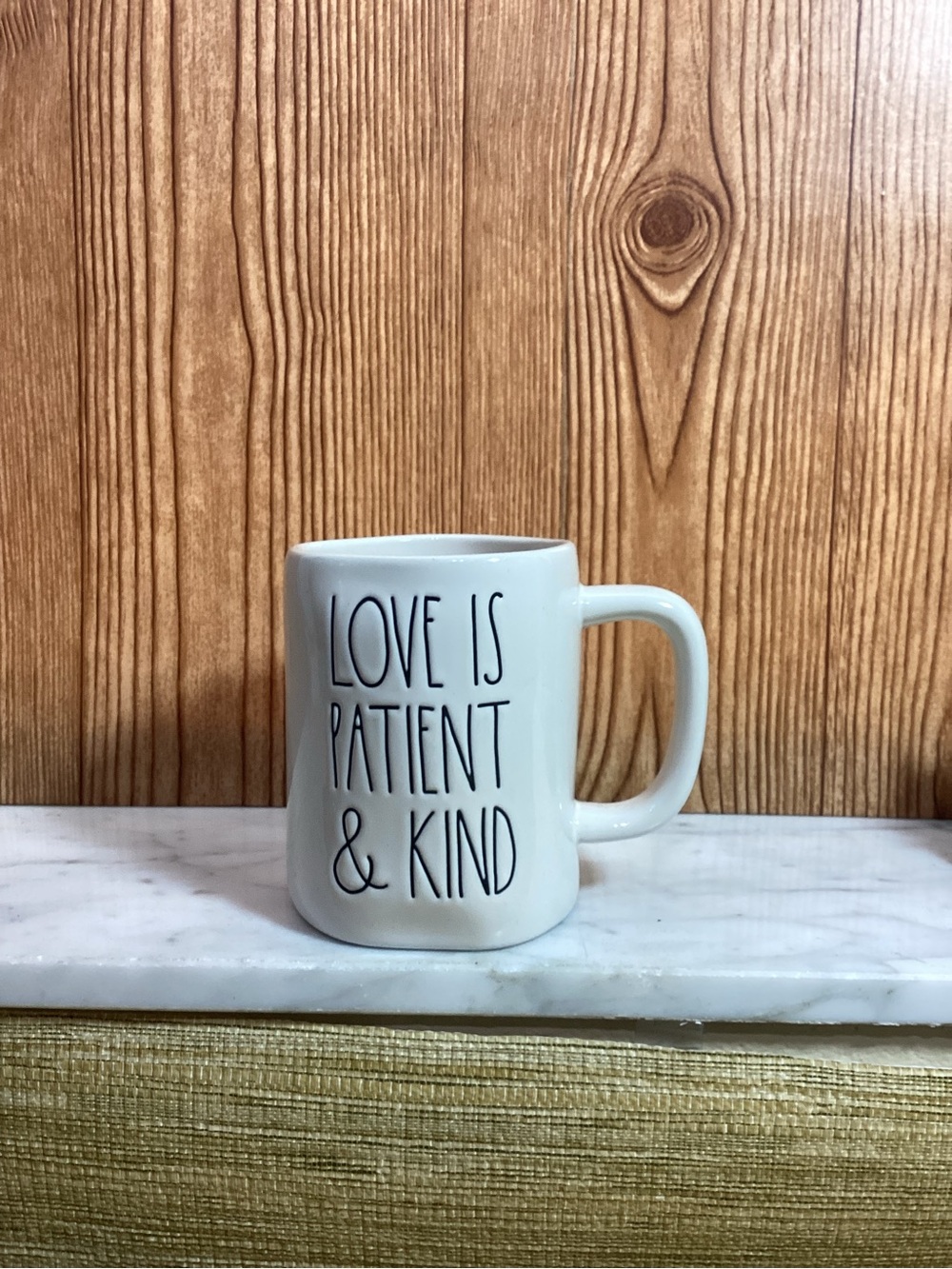 Rae Dunn White Ceramic Mug with 'Love Is Patient & Kind' Text